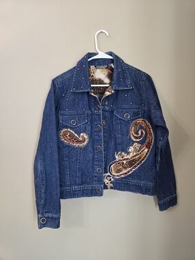 new directions Blue Denim Jacket with Paisley Sequin Appliqués Cottton.